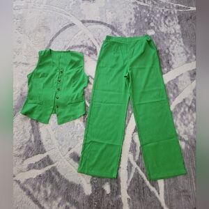 Women's Green Wide-Leg Pants & Button Vest Set Size M